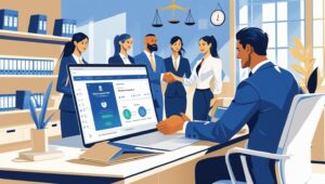 Digital illustration of a modern law office with professionals using Advocate Management Software for case and document management, enhancing collaboration and productivity