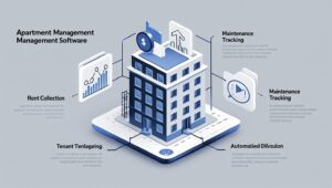 Graphic showcasing features of Apartment Management Software including rent collection, tenant management, maintenance tracking, and automated communication for efficient property management.
