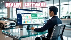 Dashboard view of a dealer management system displaying vehicle stock, customer CRM, and sales reports in an automotive dealership office