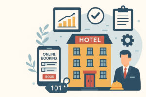 Hotel management concept with online room booking, check-in system, and analytics dashboard