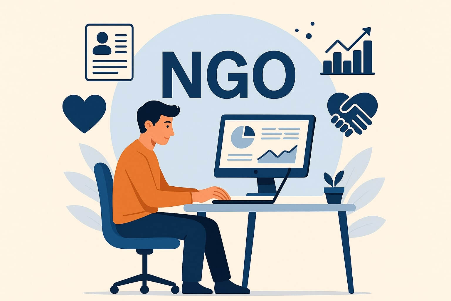 NGO management software illustration showing man working on computer with charts, analytics, and icons for social impact, donor management, and community support.