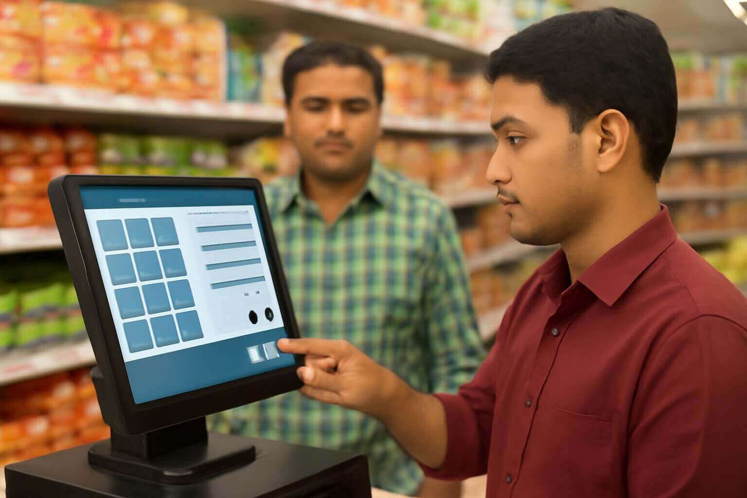POS software dashboard with product list, sales summary, and billing pane