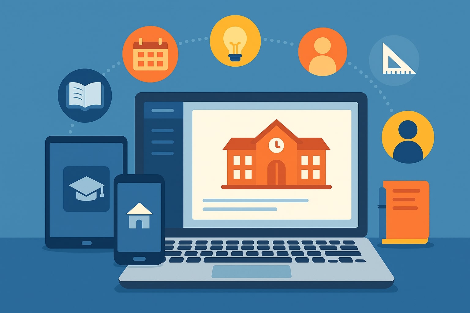 School management software dashboard displayed on laptop, tablet, and smartphone with icons for timetable, student records, online classes, and administration