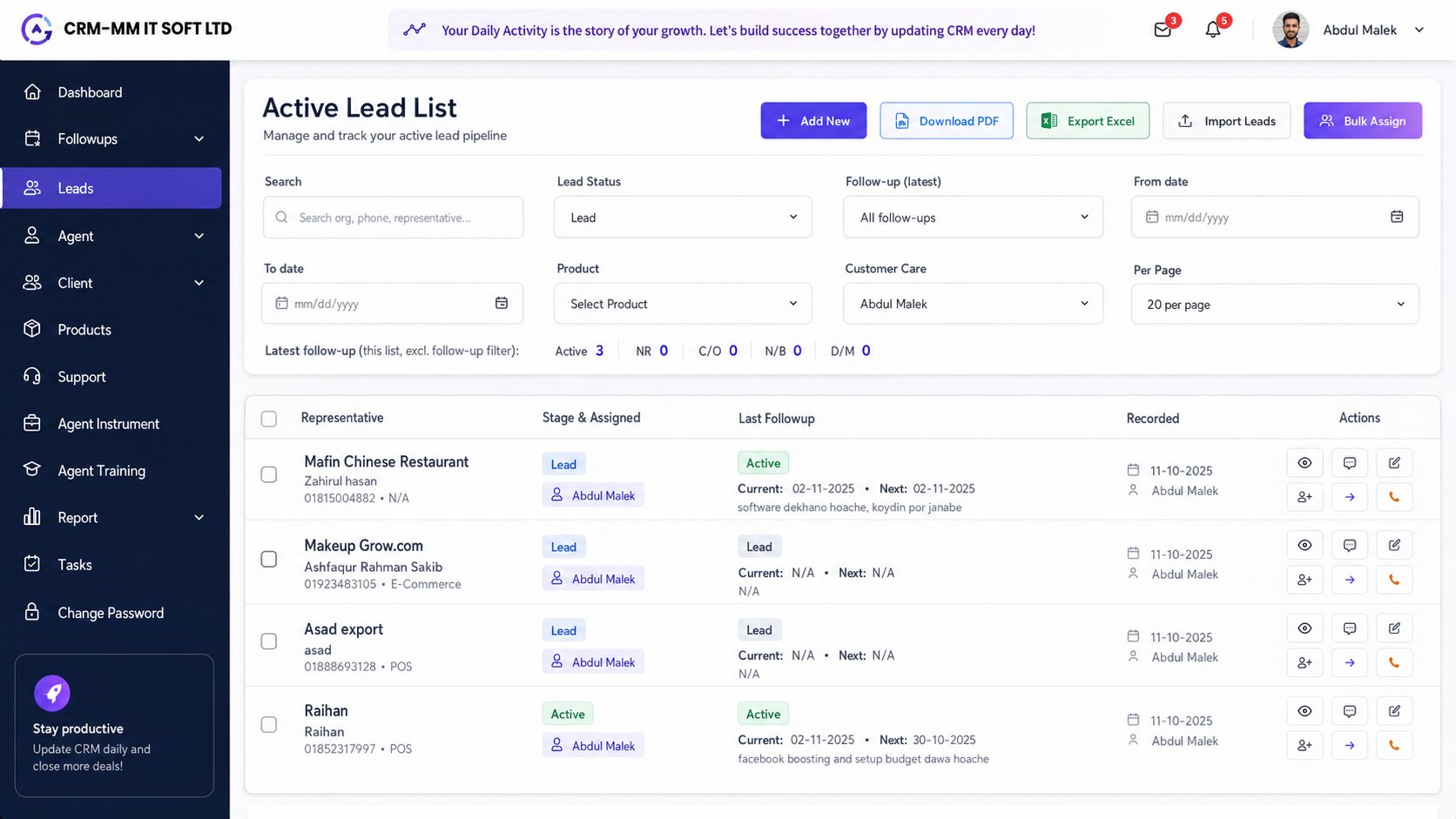 Active lead list interface of Aesthetic Clinic CRM system with lead status, follow-ups, and customer care assignments.