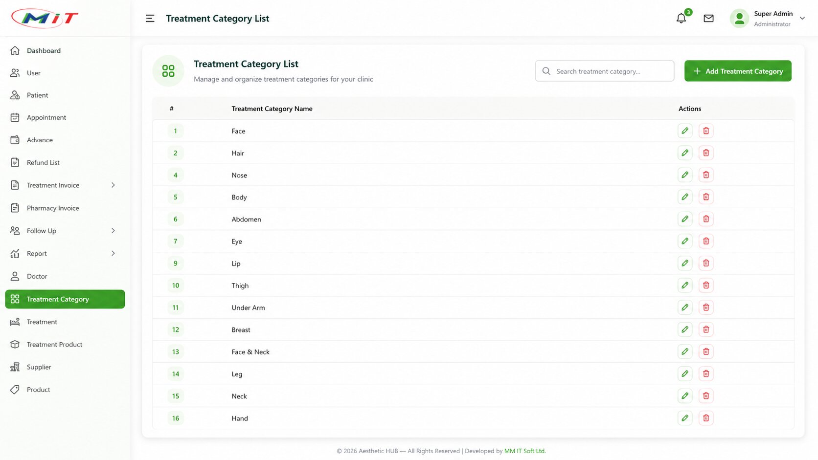 Treatment product list interface of Aesthetic Clinic software showing treatments, products, and quantity available.