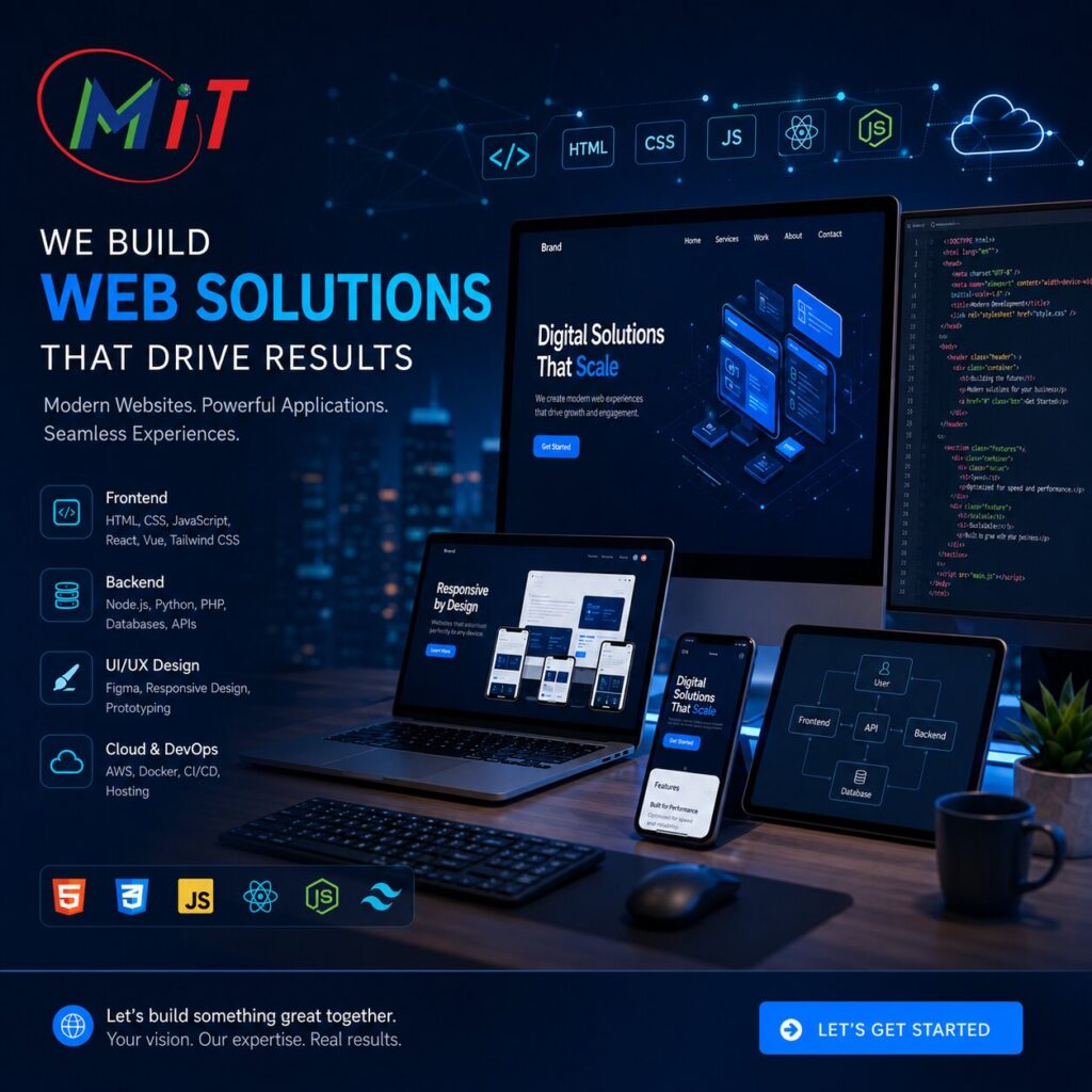 Website Development solution for business with modern web design, coding, responsive UI, and digital dashboard.