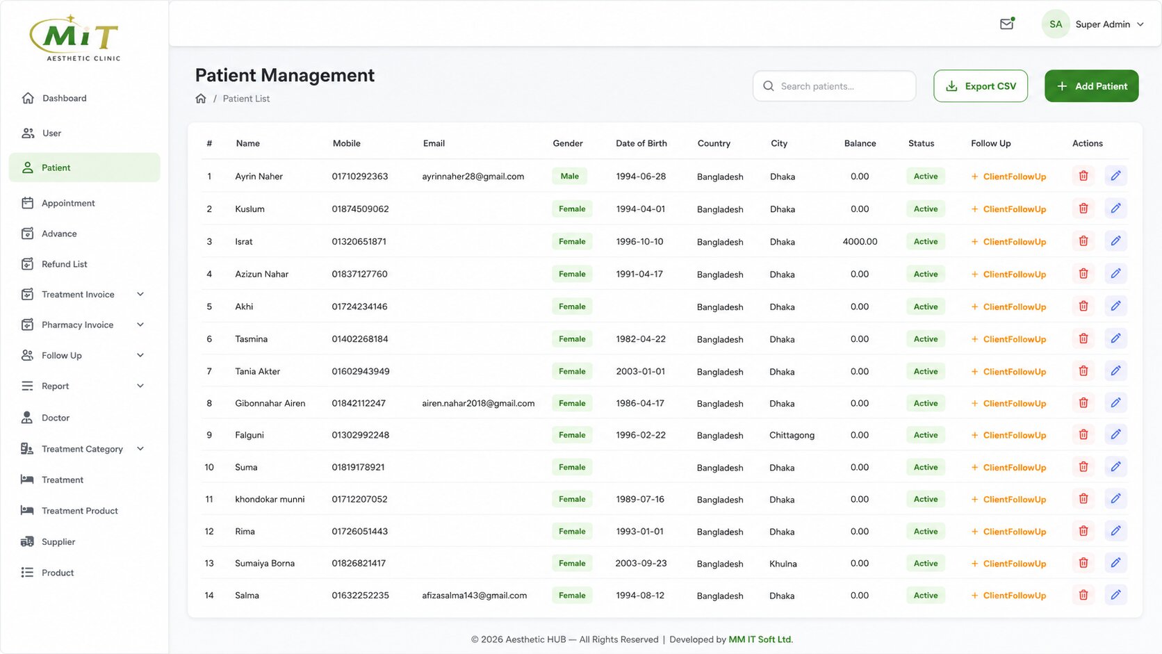 Patient management dashboard of Aesthetic Clinic software displaying patient names, contact details, city, and balance.