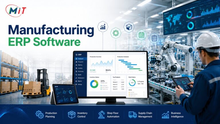 Manufacturing ERP Software dashboard by MMIT SOFT LTD showing production planning, inventory tracking, cost control, and factory automation system with real-time analytics, KPI charts, and business performance insights for manufacturing industries in Bangladesh.