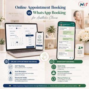 Online Booking vs WhatsApp Booking comparison for aesthetic clinics showing an automated appointment system and WhatsApp chat booking