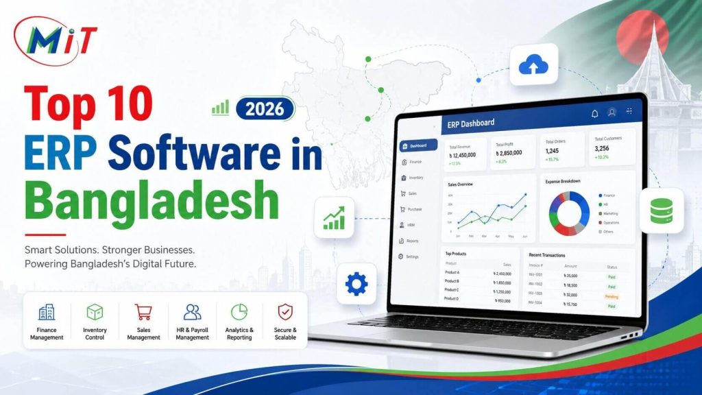 Top 10 ERP Software in Bangladesh 2026 graphic featuring an ERP dashboard with finance, inventory, sales, HR, analytics, and business management modules, branded with the MM IT logo.