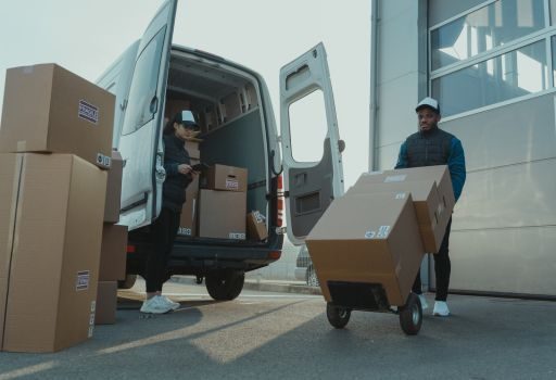 Courier service workers unloading parcels from a delivery van with hand trolley outside warehouse – eCourier logistics concept.