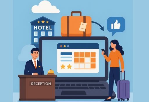 “Hotel management software illustration showing online booking system on laptop, receptionist at front desk, and guest with luggage.”