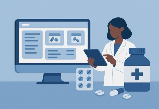 Pharmacist using digital pharmacy management software on computer and tablet with medicine bottles and pills – modern healthcare technology solution.