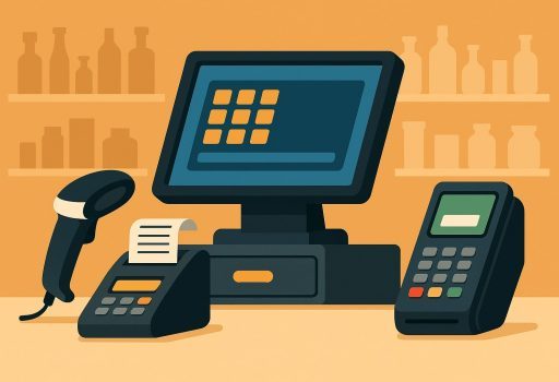 Modern POS software system with barcode scanner, receipt printer, cash drawer, and payment terminal in a retail shop environment.